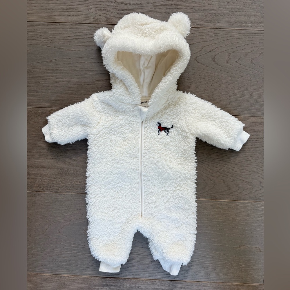 Petit Lem Husky Pup Appliqué Hooded Fleece Romper